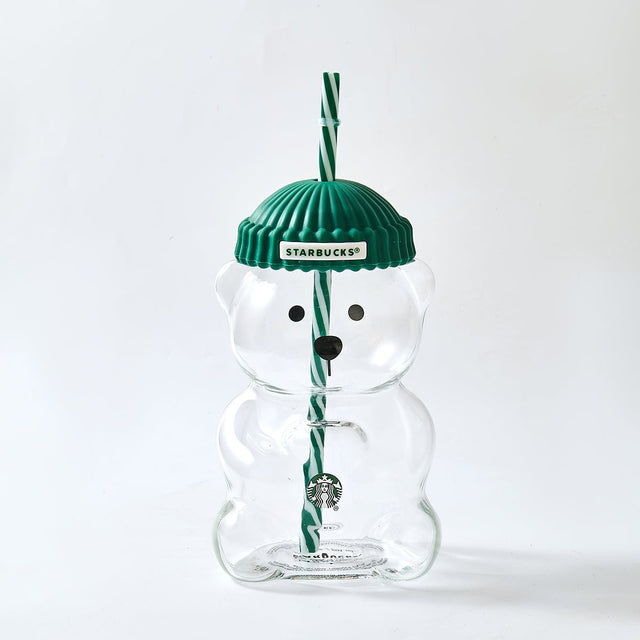 Starbucks Bearista™ Glass Bear Cup 591ml / 20oz – Bear-Shaped Reusable Cup with Beanie Lid & Striped Straw