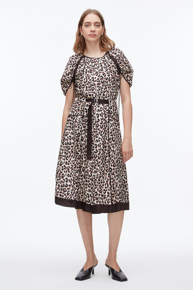 Leopard Ruched Sleeve Midi Dress