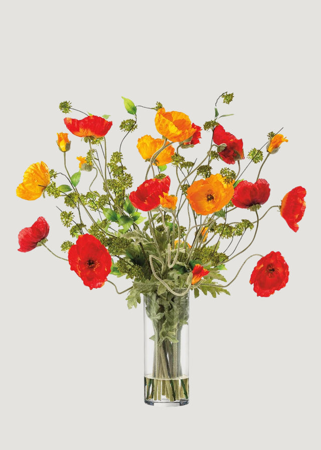 Red and Orange Fake Poppy Arrangement in Glass Vase - 36"