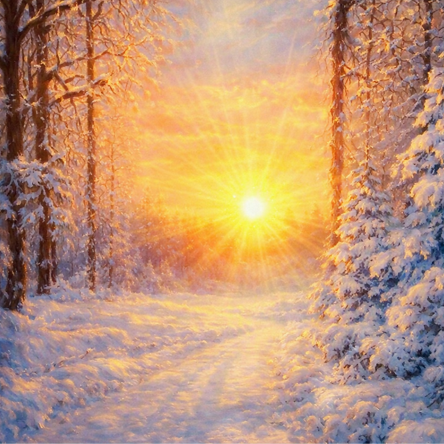 Sunrise of Hope and Happiness in a Snowy Forest