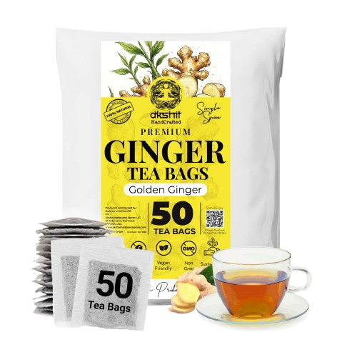 Premium Ginger Tea Bags – Golden Ginger, 50 Count, Caffeine-Free & Vegan, Uganda Origin