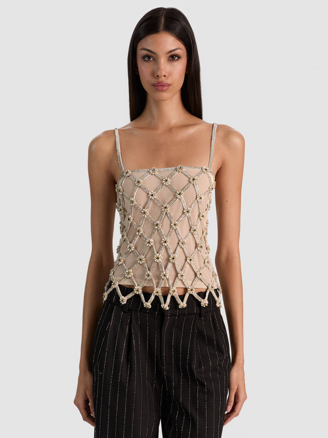 GIADA EMBELLISHED LATTICE TOP - OFF WHITE/SILVER