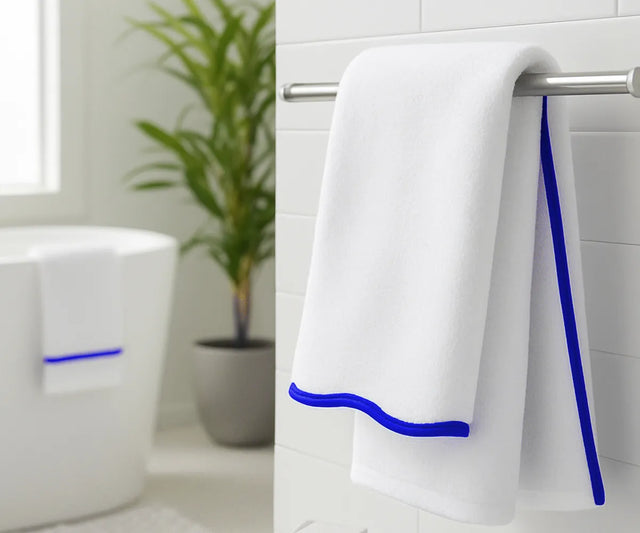 White Large Bath Towels - Royal Blue Border
