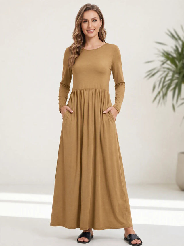 Round Neck Long Sleeve A-Line Maxi Dress with Pockets