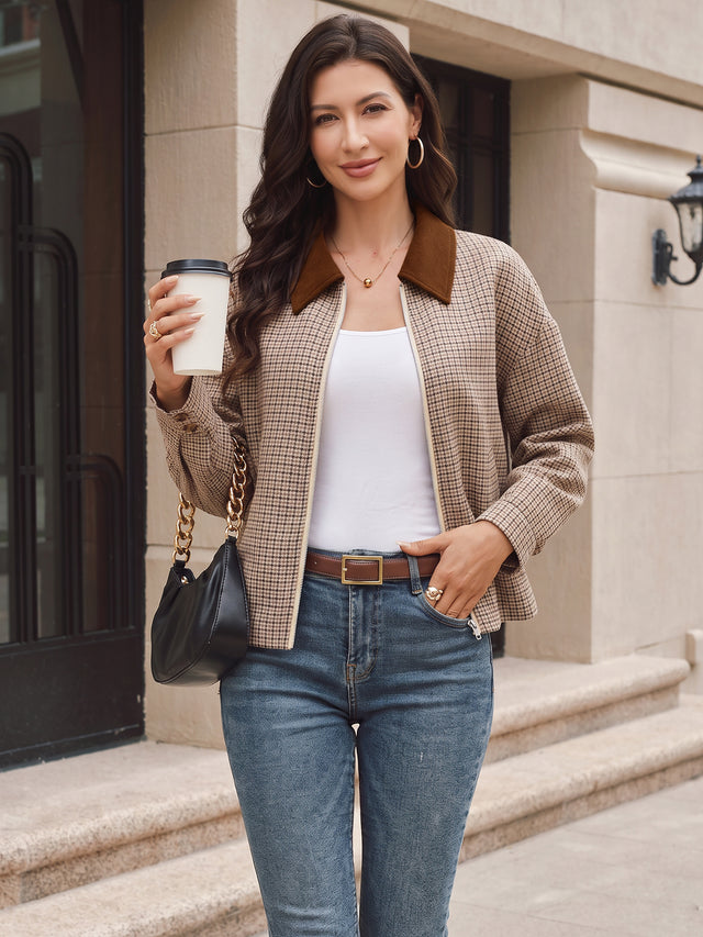 Korean retro style houndstooth patchwork lapel short jacket for women