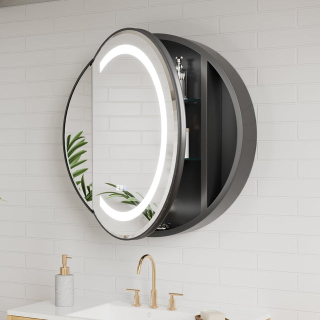 Hola 28" Round Recessed Medicine Cabinet LED – Black Frame, Anti-Fog, Dimmable Lighting, Surface Mount
