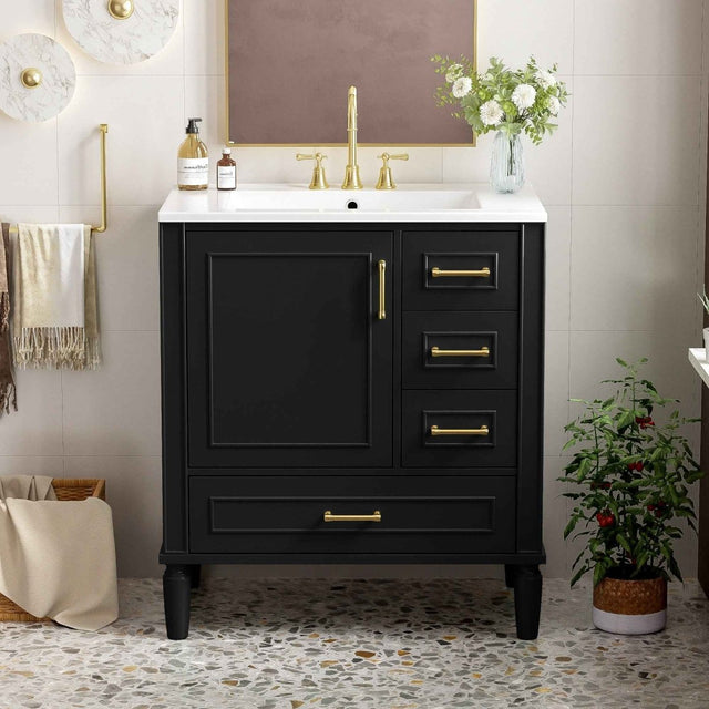 Aurelia 30-Inch Bathroom Vanity with Ceramic Sink and Gold Hardware