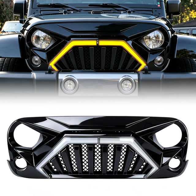 Goliath Grille W/ LED DRL and Turn Signals - Glossy Black For 07-18 Jeep Wrangler JK