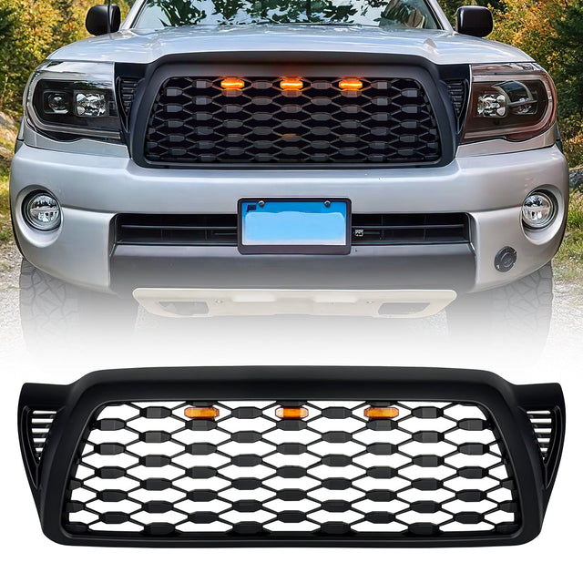 Front Mesh Grille W/ Amber Lights - Matte Black For 2005-2011 Toyota Tacoma