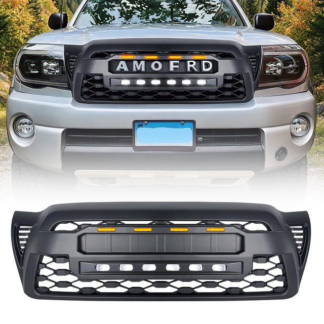 TRD PRO Style Grille w/ LED Off-Road Lights, Amber Lights and DIY Letters for 2005-2011 Toyota Tacoma- Matte Black