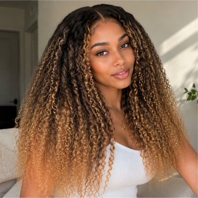 Amanda 300% Density Honey Blonde Highlights Simi Curly wig 13x6 Full Lace Frontal Glueless Human Hair Wig