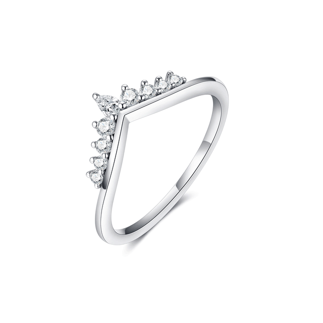 V Shaped Curved Moissanite Wedding Band Crown Chevron Silver Ring