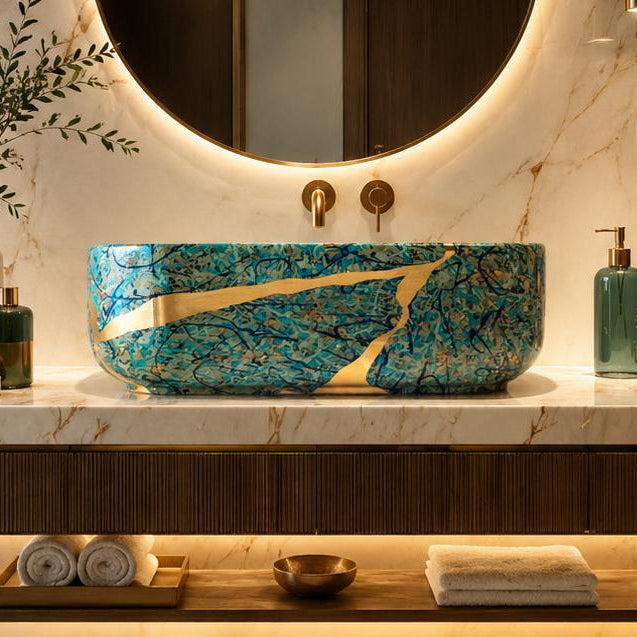 Rossella Fiorillo Ceramic Texture RF Kintsugi Line Model G43E Texture Green and Gold RF Sink