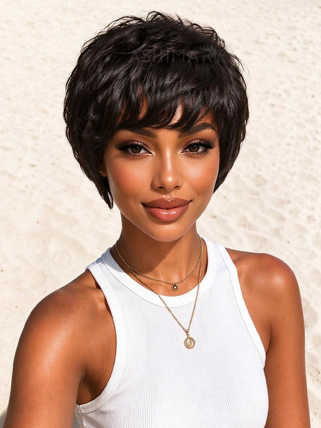 BOGO Short Pixie Cut Wig Bangs Style Boss Lady Layered Wig Natural Black