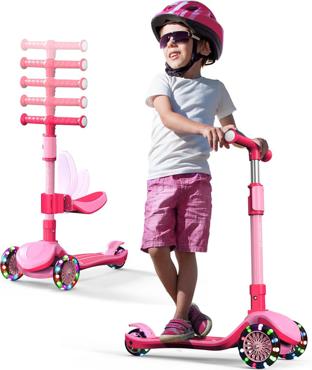 2-in-1 Adjustable Kick Scooter for Kids 3-5 (Suitable 3-12 Years),5-Level Handlebar & Removable Seat, LED Light-Up Wheels, Wide Deck, Foldable Design for Indoor