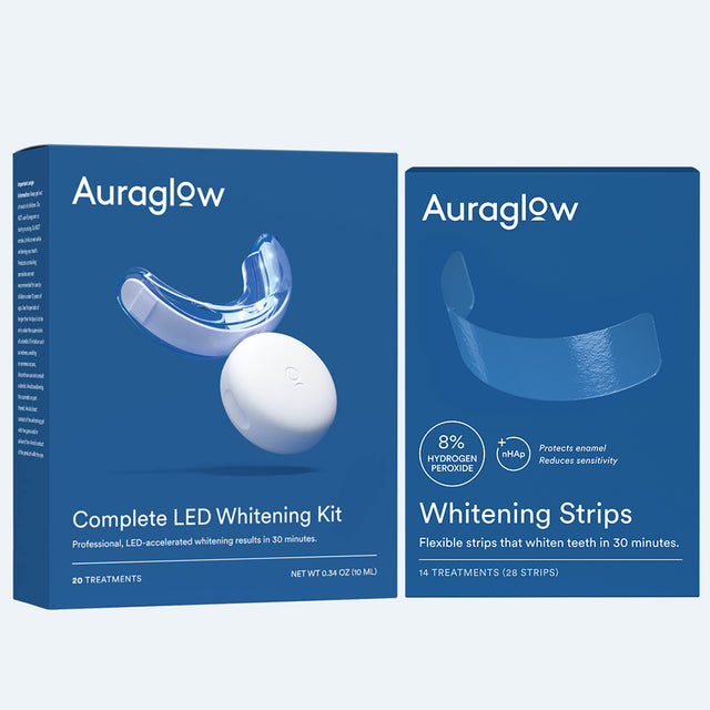Auraglow Teeth Whitening Kit and 8% Whitening Strips Bundle