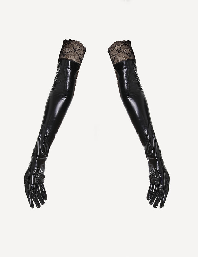 Patent Leather Opera Length Gloves with Lace Cuff