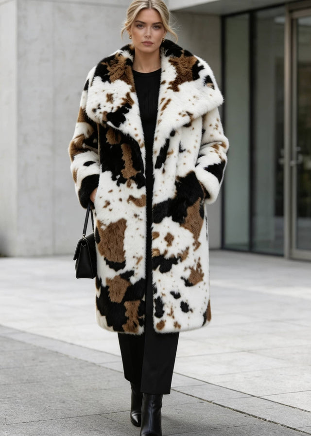 Abstract Cow Print Faux Fur Long Coat