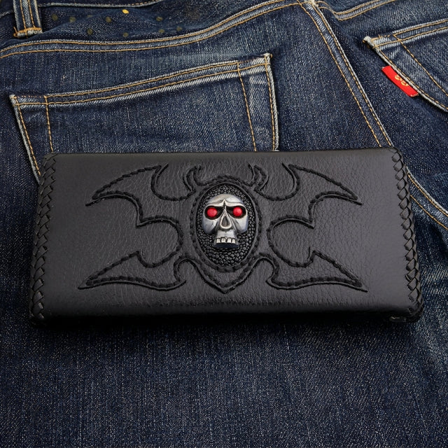 Red Eye Skull Leather Trucker Wallet — Tribal Wings & Stingray Inlay