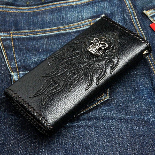 Skull Stingray Inlaid Leather Biker Chain Wallet — Braided Edge