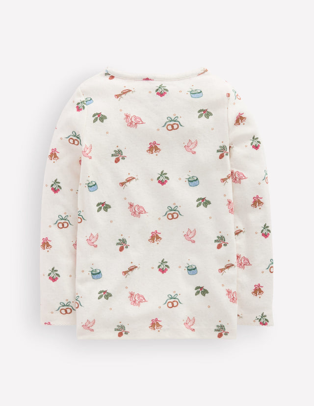 Long Sleeve Pointelle Top-Ivory Festive Print