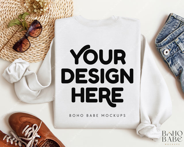 Gildan 18000 WHITE Back of Sweatshirt Mockup | Boho Babe Folded Mockup Design Vol.2