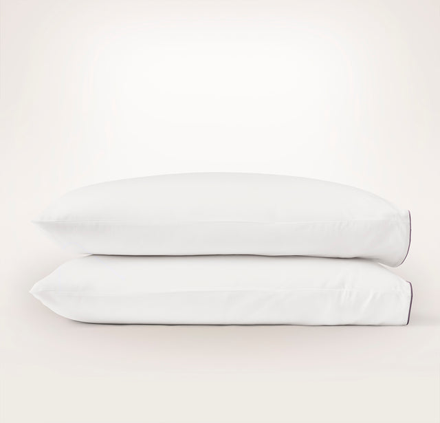 Percale Embellished Pillowcase Set - White/Plum Piped Edge