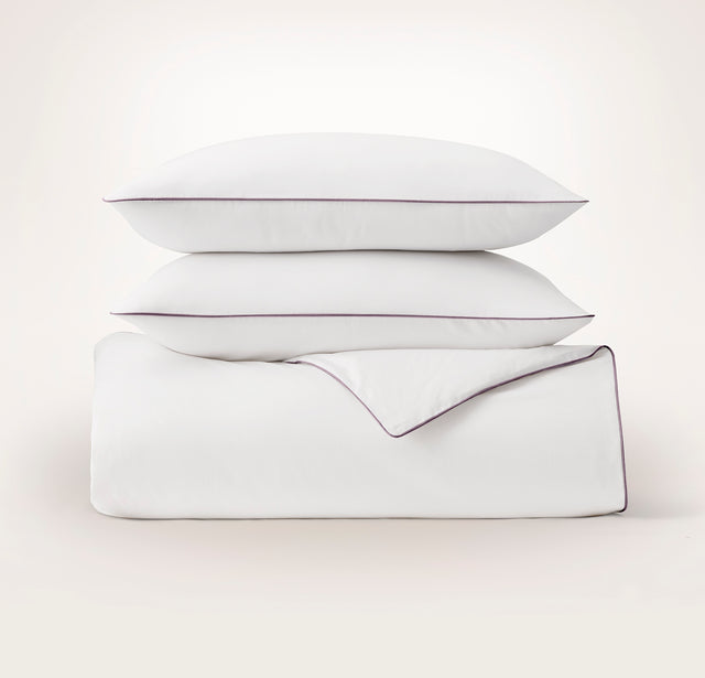 Percale Embellished Duvet Set - White/Plum Piped Edge