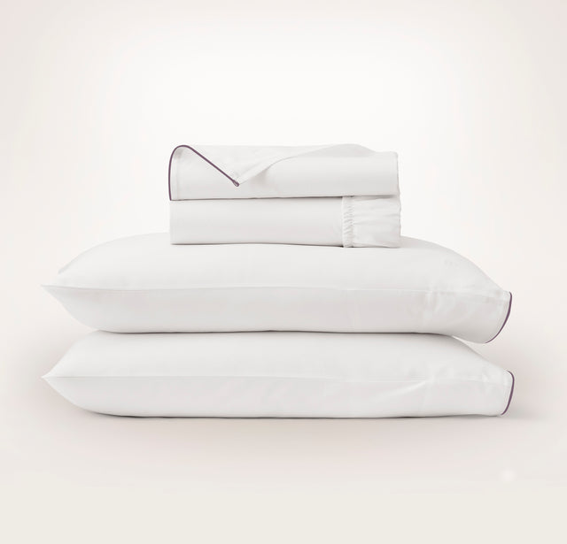 Percale Embellished Sheet Set - White/Plum Piped Edge