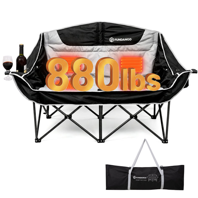 FUNDANGO Heated Double Camping Chair, 2-Person Loveseat with 4 Heating Zones, 3 Heat Settings, 880 lbs Capacity
