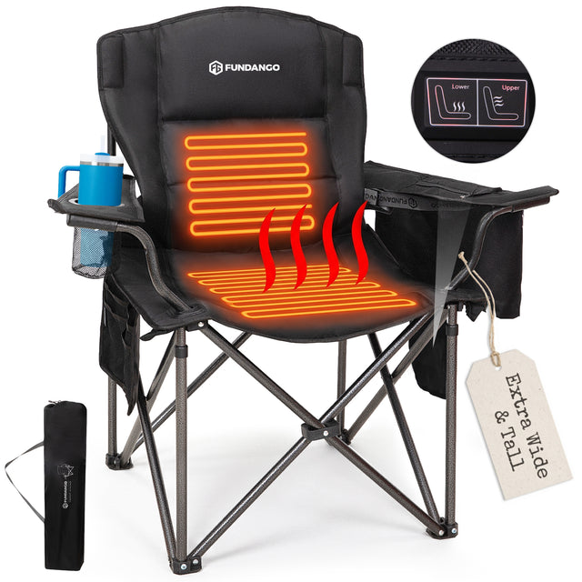 FUNDANGO Heated Camping Chair, Dual-Zone Heated Folding Armchair with 3 Heat Settings, Padded Seat & Back, 550 lbs Capacity
