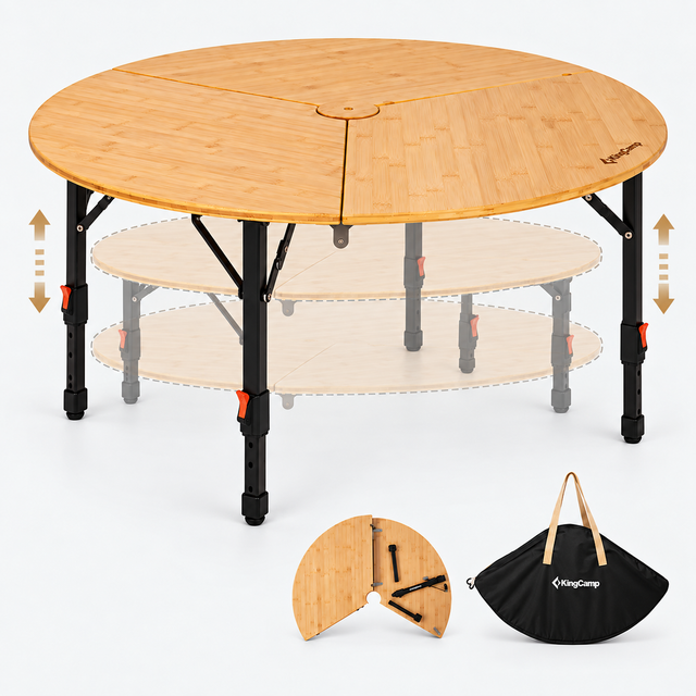 KingCamp BAMBOO P95D PLUS Round Bamboo Camping Table, 14.2"-23.6" Adjustable Height, 37.4" Folding Outdoor Table