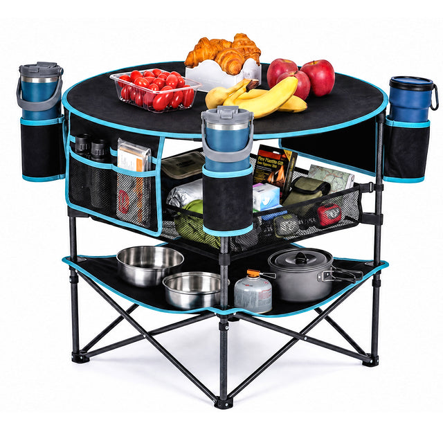 FUNDANGO EasyCamp D70 Folding Camping Table, Portable Outdoor Table with 4 Cup Holders, Storage Pockets & Lower Mesh Shelf