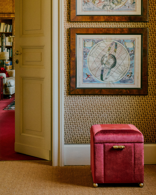 Velvet Ottoman with Bamboo and Brass by Giuseppe Porcelli