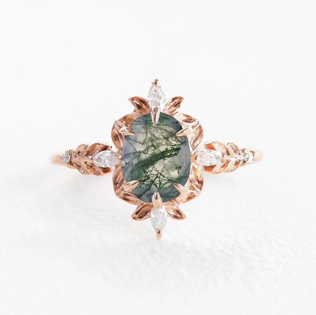 Enya Moss Agate Floral Diamond Engagement Ring in 14k or 18k Gold or Platinum