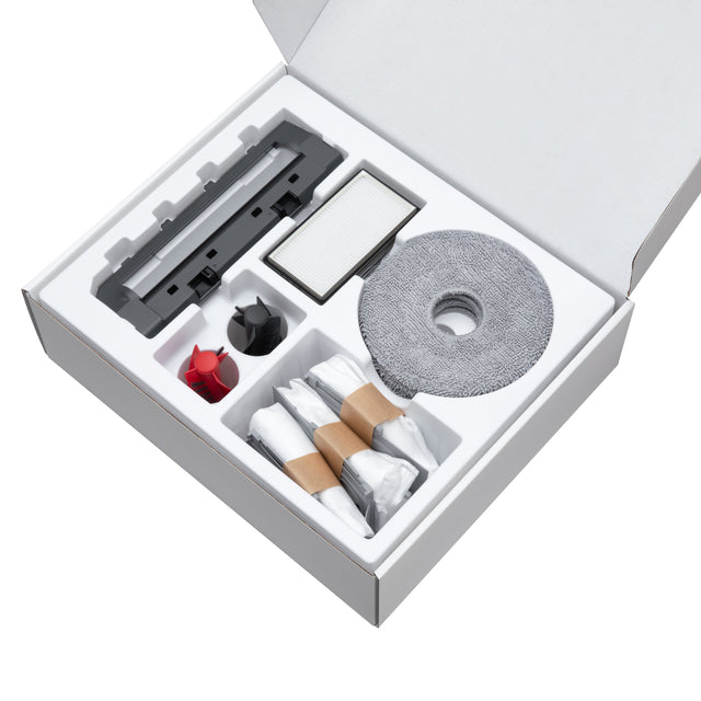 Roborock-Zubehörset für den Saros 10R, bestehend aus 4 drehbaren Wischpads, 3 Staubbeuteln, 1 Hauptbürstenabdeckung, 1 Hauptbürste, 2 Seitenbürsten und 2 Filter