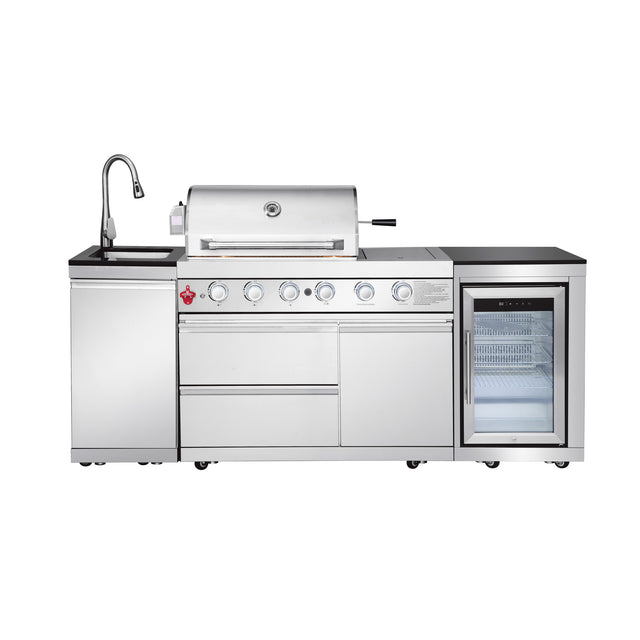 Cherylife 85.2-Inch 4+1 Burner 71,500 BTU Propane Gas Grill Island – Outdoor Kitchen with Sink, Refrigerator, Bar Table, CSA & ETL Certified, Stainless Steel