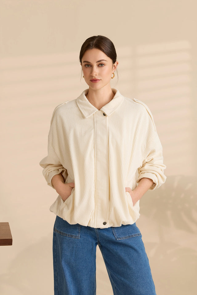Womens Beige Corduroy Zipper Collared Jackets | Cicy Bell