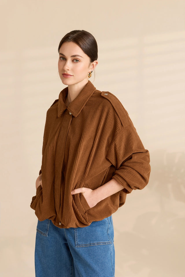 Womens Brown Corduroy Zipper Collared Jackets | Cicy Bell