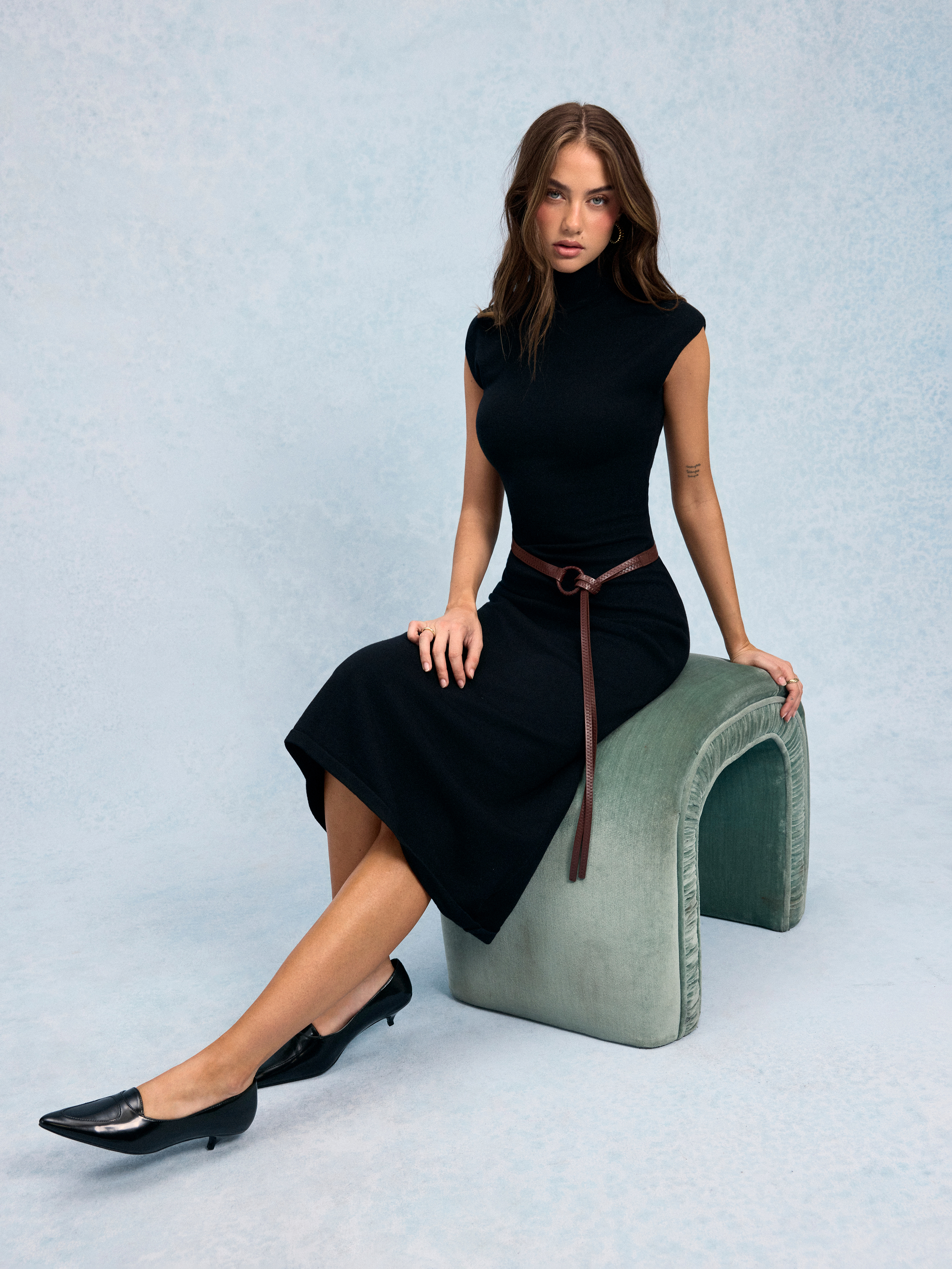 Knit High Neck Sleeve A-line Maxi Dress With Belt
