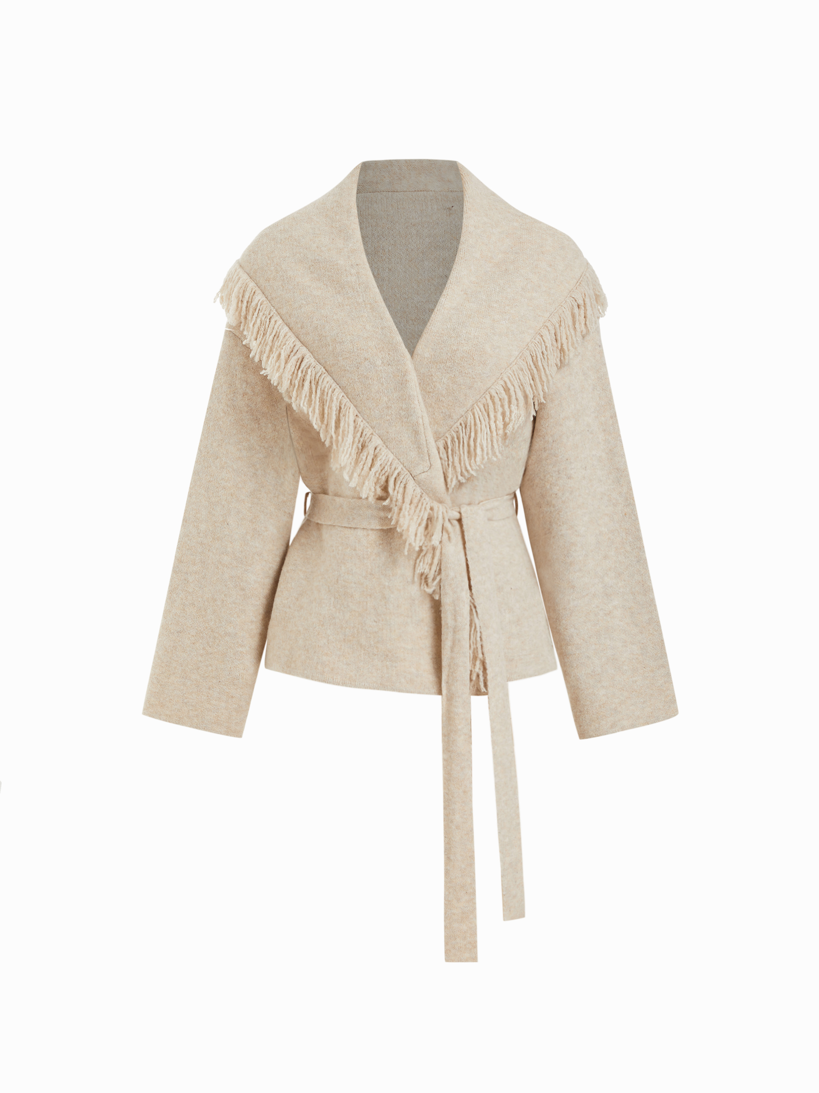 Fringed Wool-blend Knit Wrap Cardigan With Belt