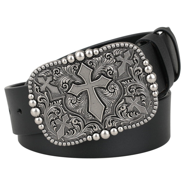 Mens Genuine Leather Western Belt Silver Cross Floral Buckle