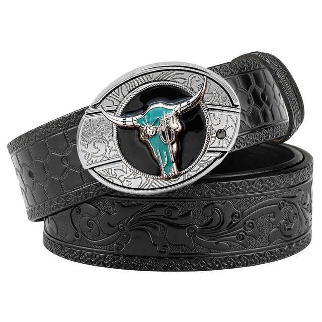 Mens Black Embossed Leather Belt Longhorn Bull Hidden Lighter Square Buckle
