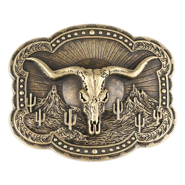 Longhorn Skull Western Belt Buckle with Desert Cactus