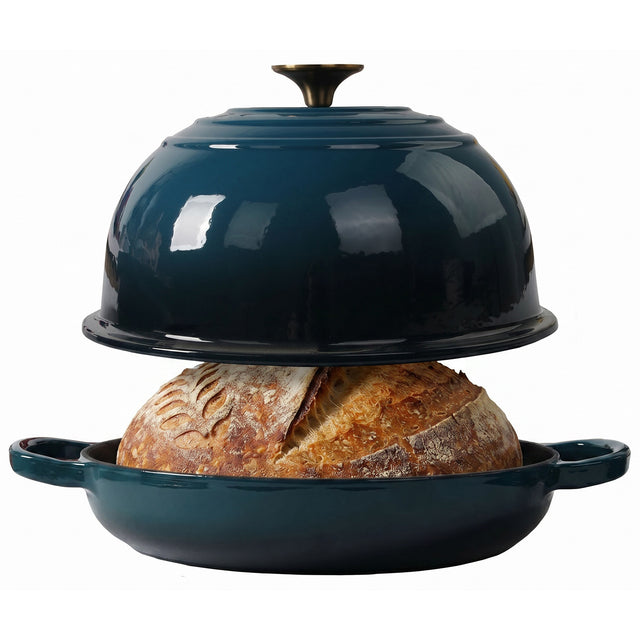 Enameled Cast Iron Bread Pan, Sour Dough Artisan Bread Oven – Dark Teal Blue – Round 26 cm, 6.25 L (6.6 qt) – Boule Pan with a Deep Lid for Steam Baking
