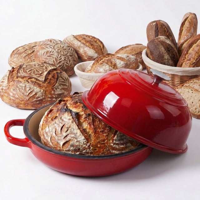 Enameled Cast Iron Bread Pan, Sour Dough Artisan Bread Oven – Red – Round 26 cm, 6.25 L (6.6 qt) – Boule Pan with a Deep Lid for Steam Baking