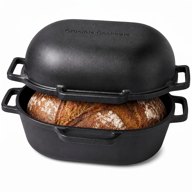 Cast Iron Bread Pan, Sour Dough Artisan Bread Oven – Extra Large – 6 Loop Handles – Deep Lid for Steam Baking