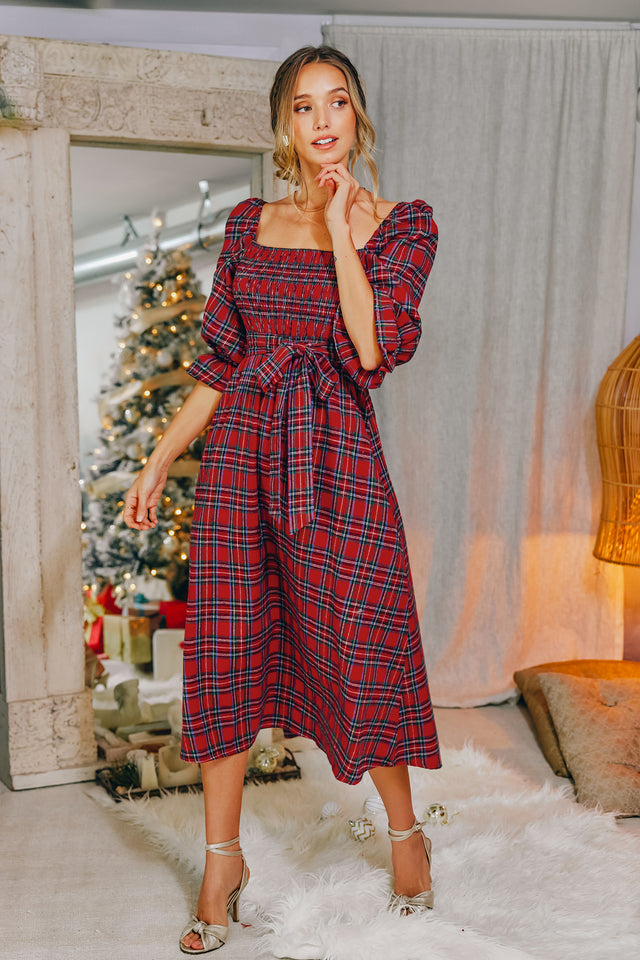 Abigai Belted Tartan Plaid Maxi Dress