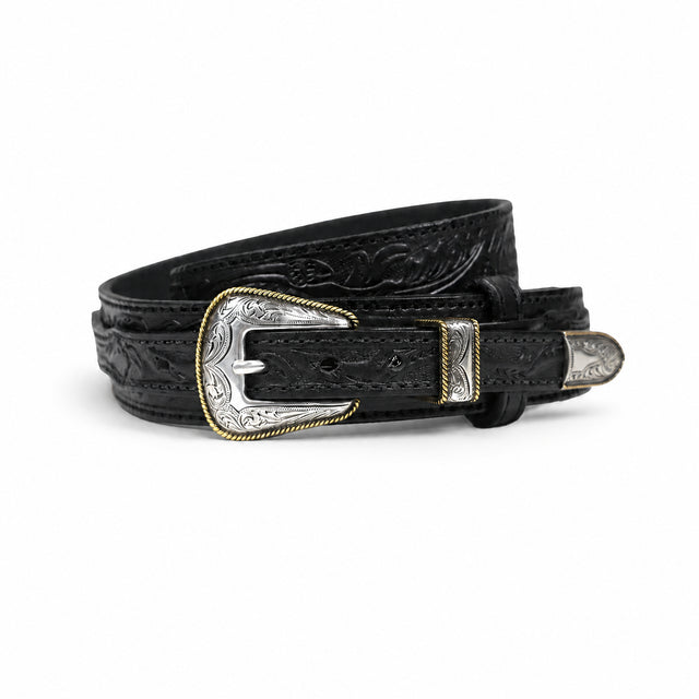 Men's Black Western Tooled Belt with 3 Piece Buckle Set