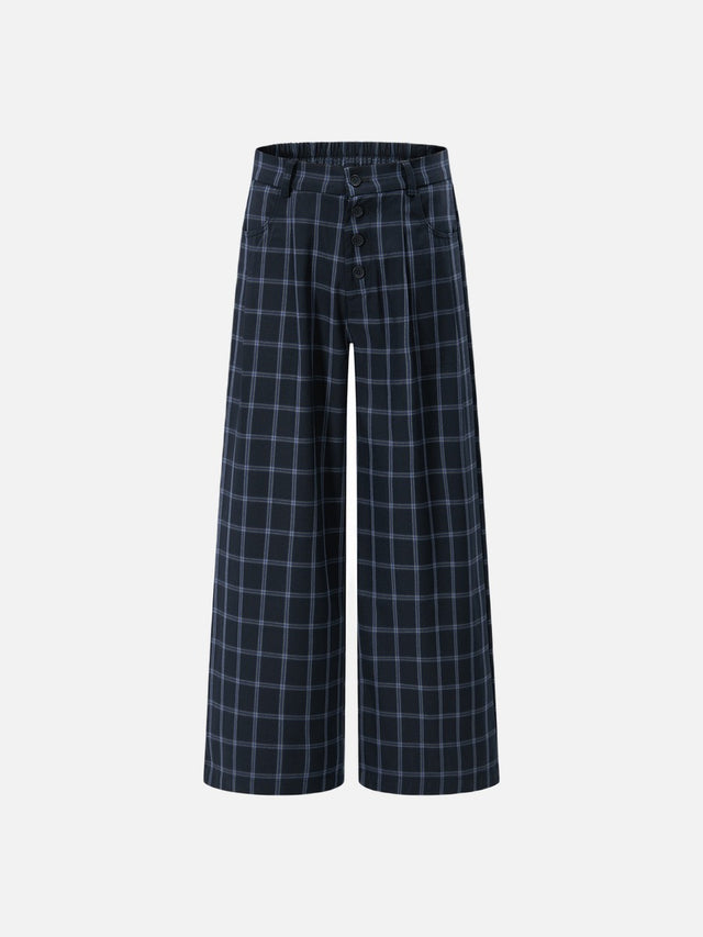 Dark Blue Plaid Wide-Leg Pants with Button Fly